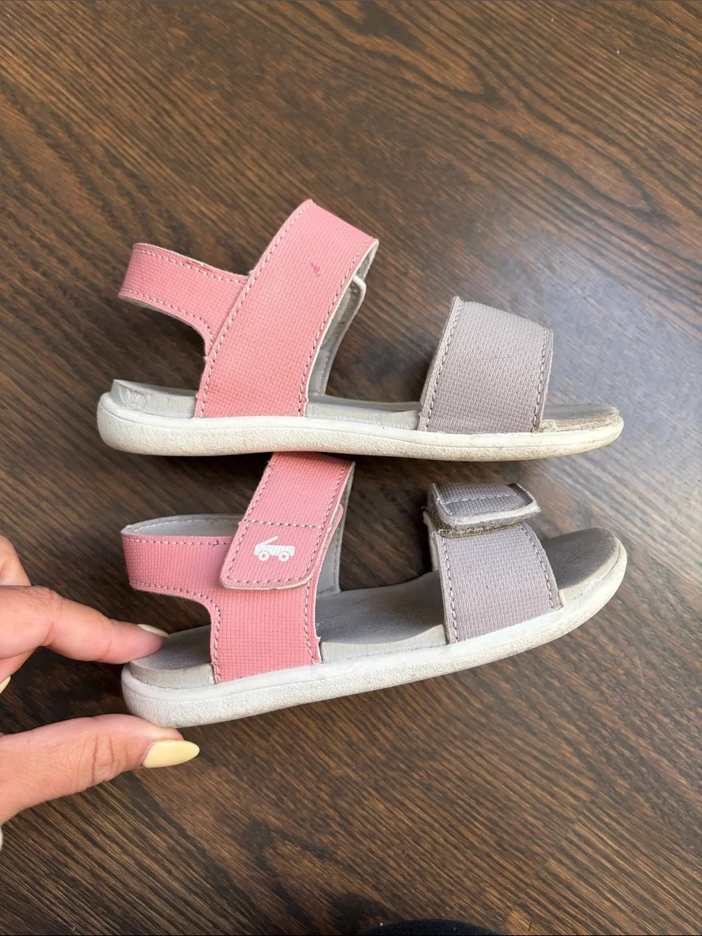 See Kai Run Pink and Light Gray Velcro Strap Sandals. Toddler 9